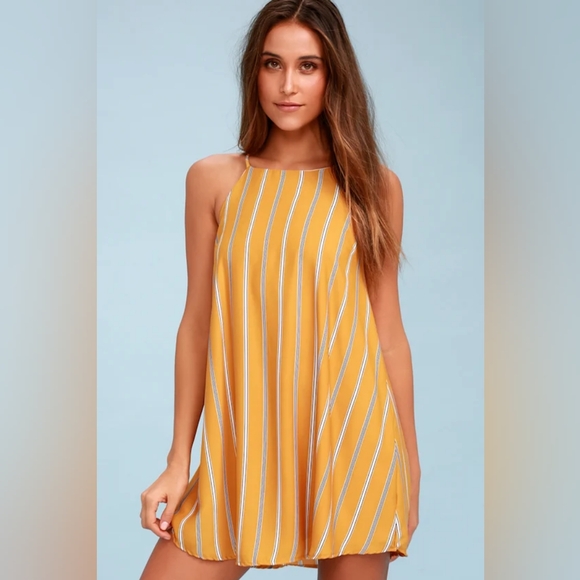 Lulus Sweet Little Lines Golden Yellow Stripe Shift Dress Med - Picture 2 of 12